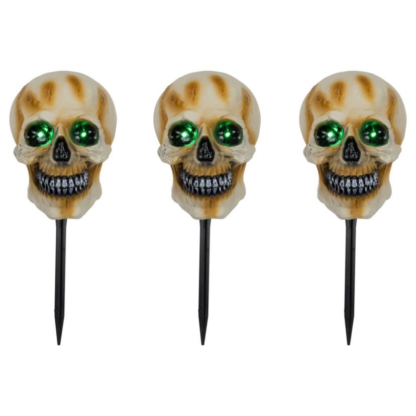Set of 3 Lighted Skeleton Head Halloween Pathway Markers with Sound - Battery Operated