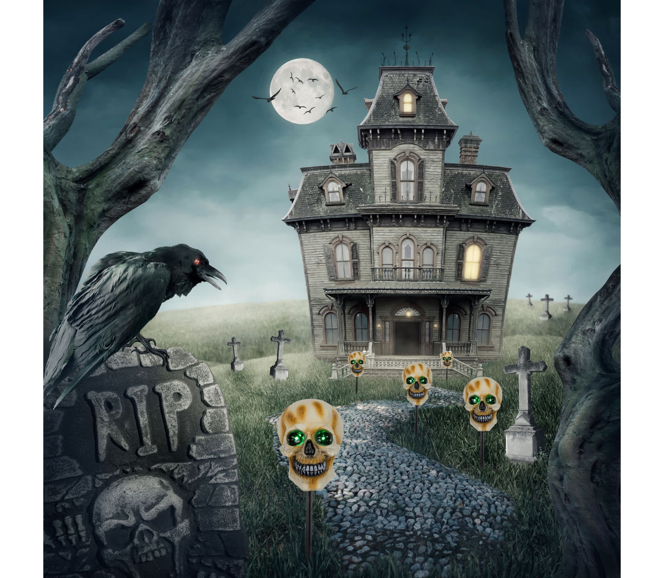 Set of 3 Lighted Skeleton Head Halloween Pathway Markers with Sound - Battery Operated