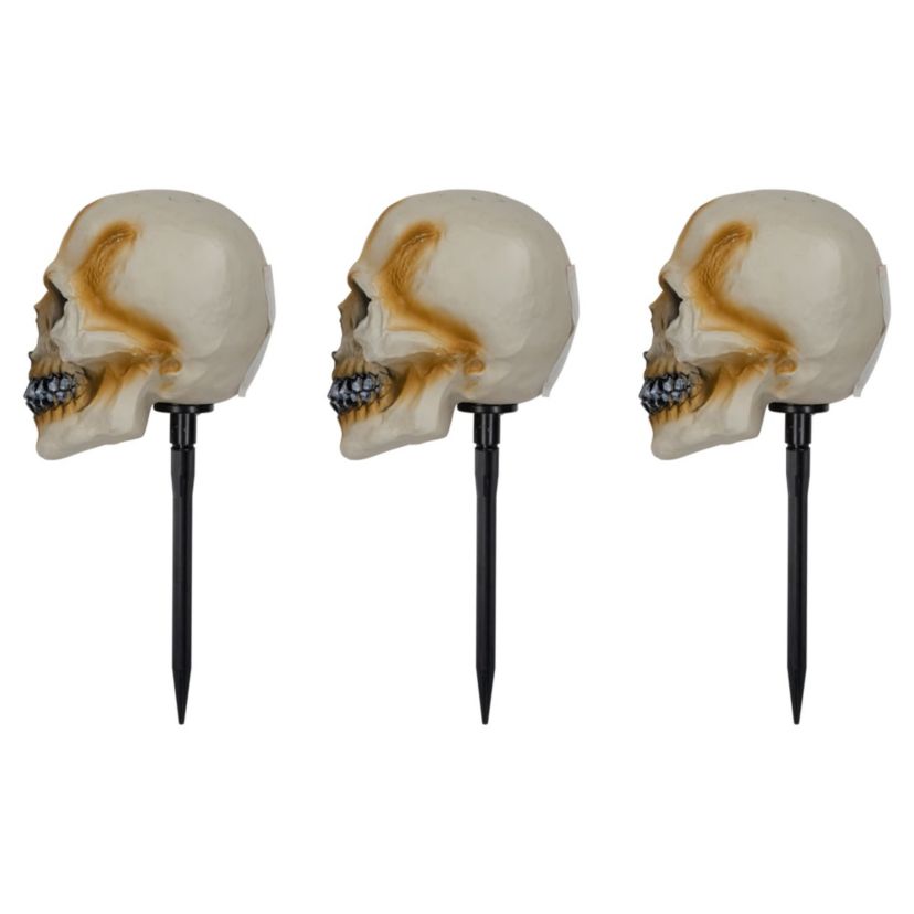 Set of 3 Lighted Skeleton Head Halloween Pathway Markers with Sound - Battery Operated