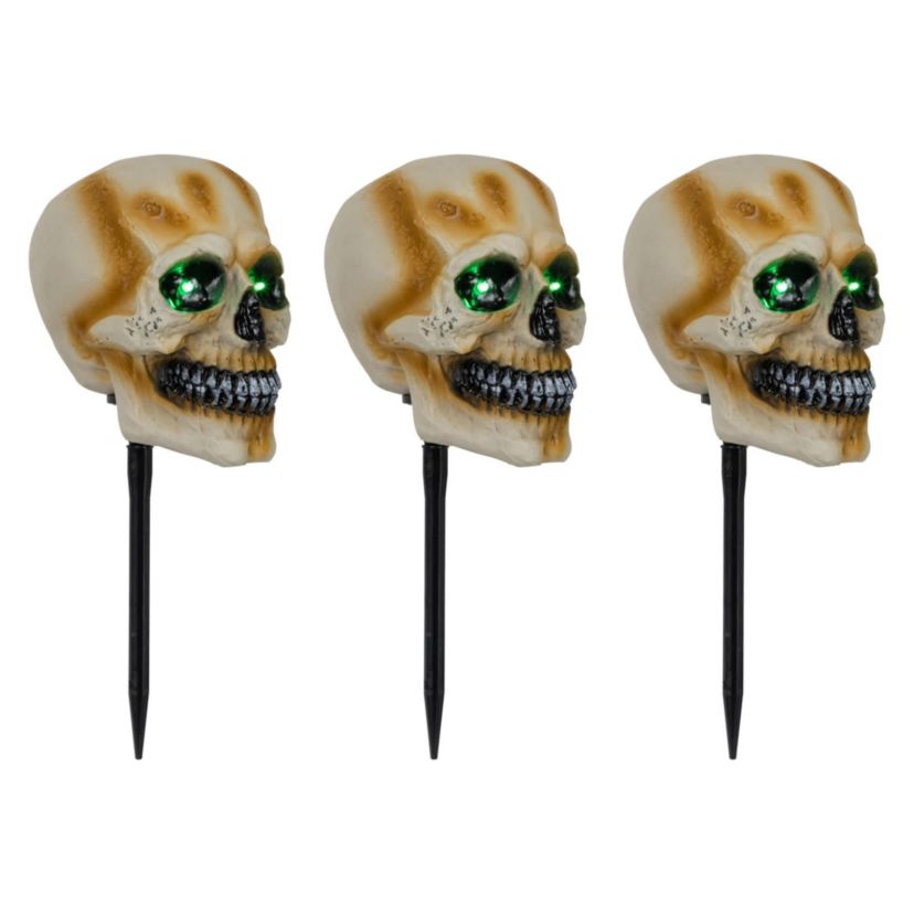 Set of 3 Lighted Skeleton Head Halloween Pathway Markers with Sound - Battery Operated