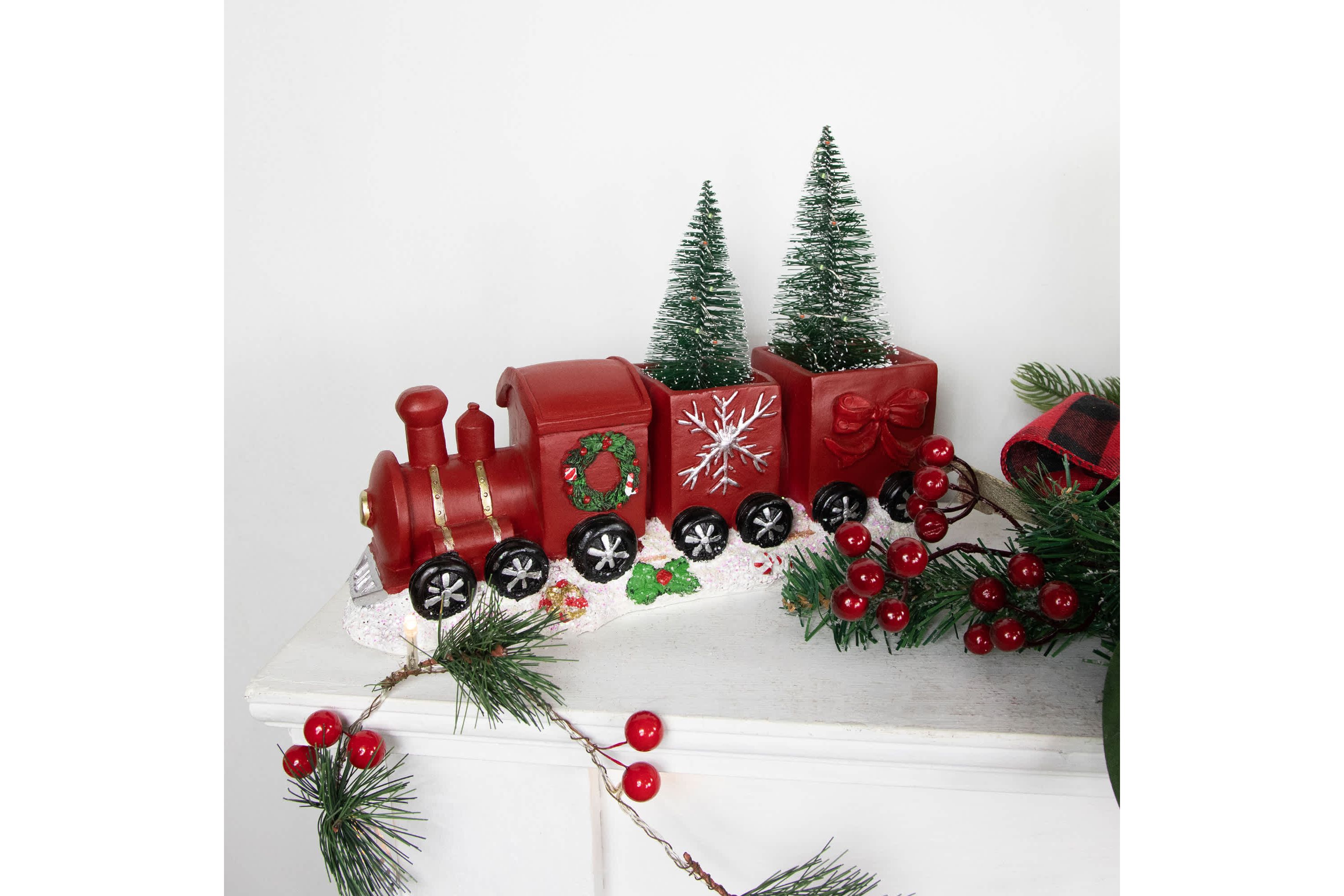 LED Lighted Frosted Trees in Train Christmas Decoration - 12" - Red and Gold