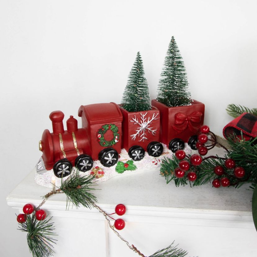 LED Lighted Frosted Trees in Train Christmas Decoration - 12" - Red and Gold