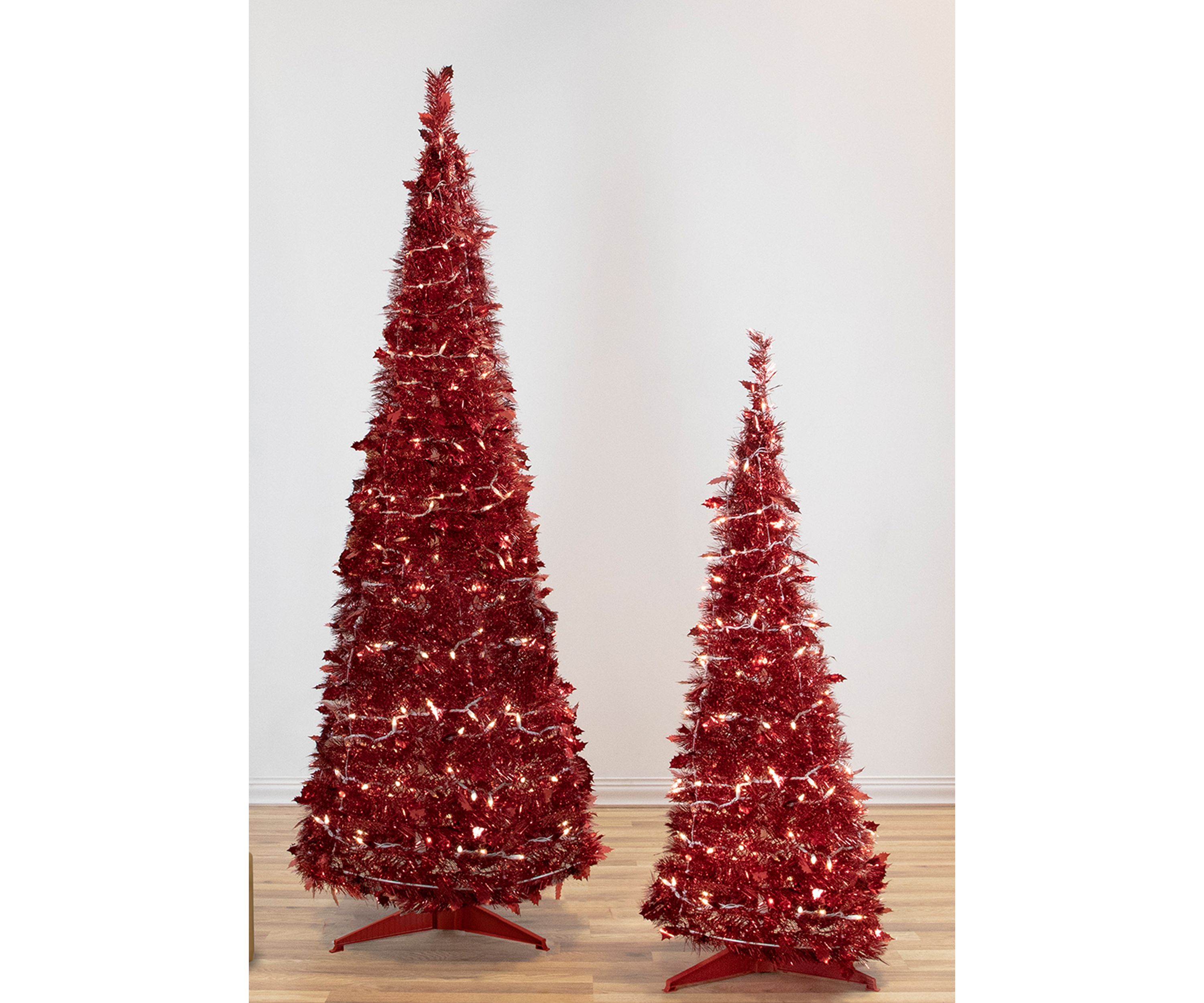 4 Pre-Lit Red Tinsel Pop-Up Artificial Christmas Tree  Clear Lights