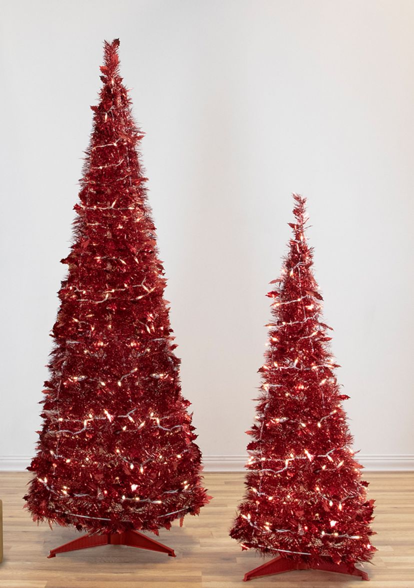 4 Pre-Lit Red Tinsel Pop-Up Artificial Christmas Tree  Clear Lights
