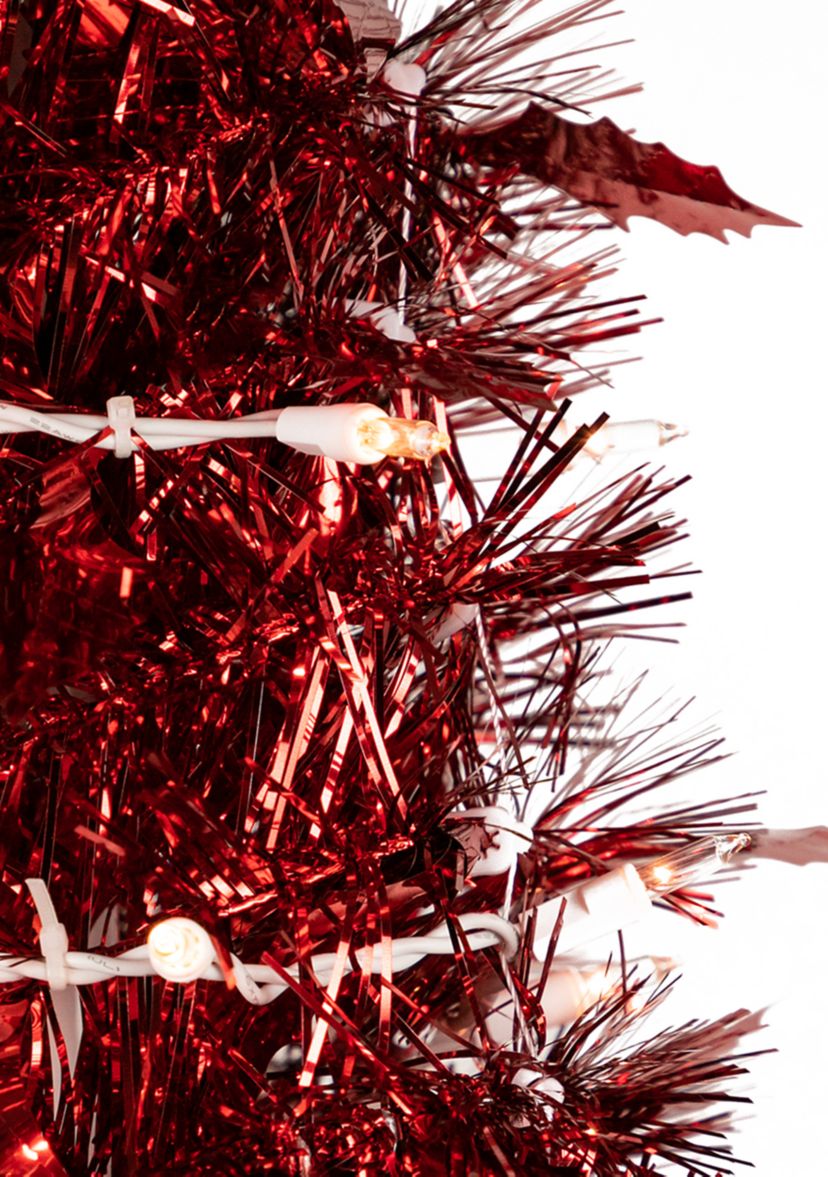 4 Pre-Lit Red Tinsel Pop-Up Artificial Christmas Tree  Clear Lights