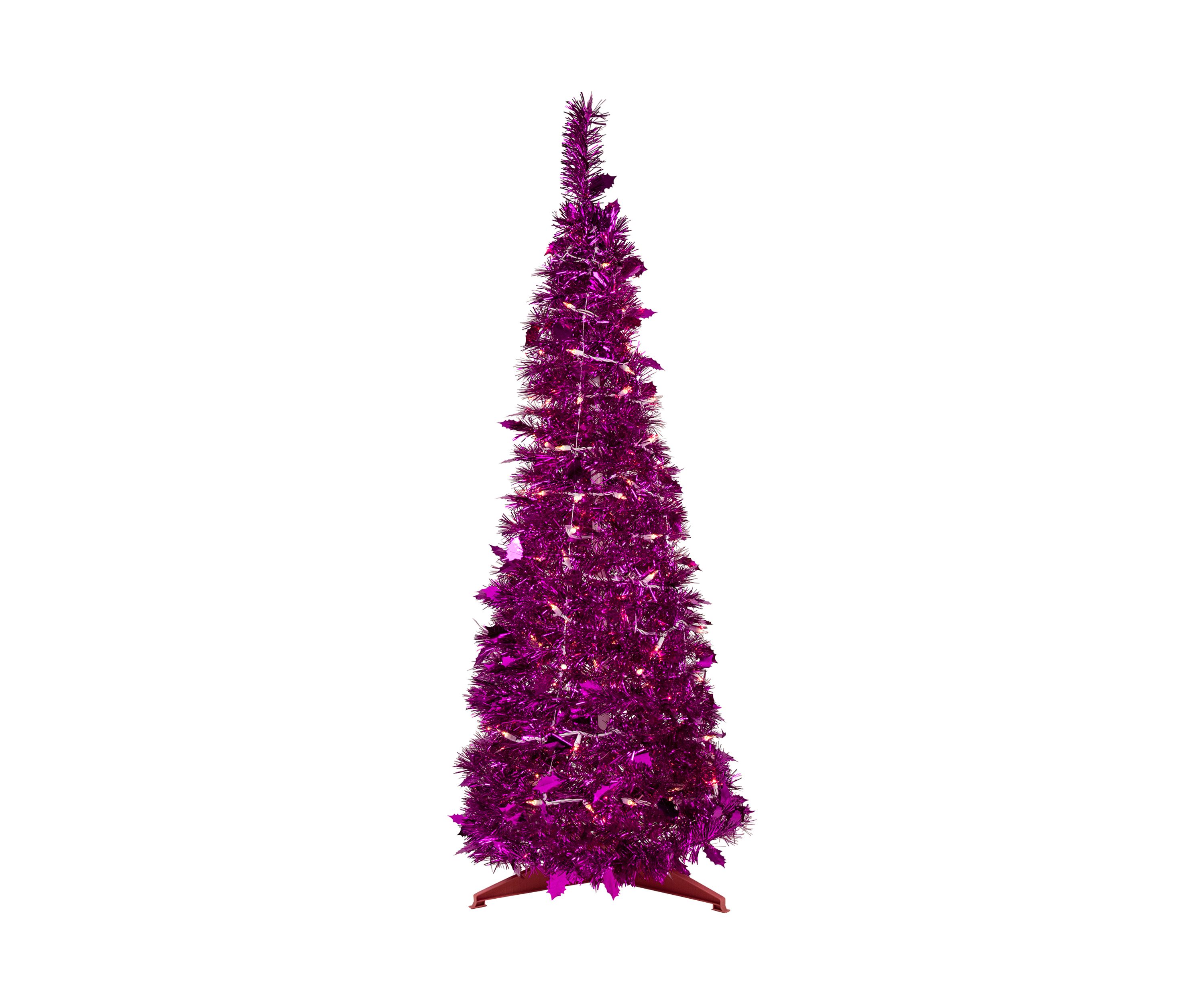 6 Pre-Lit Pink Tinsel Pop-Up Artificial Christmas Tree  Clear Lights
