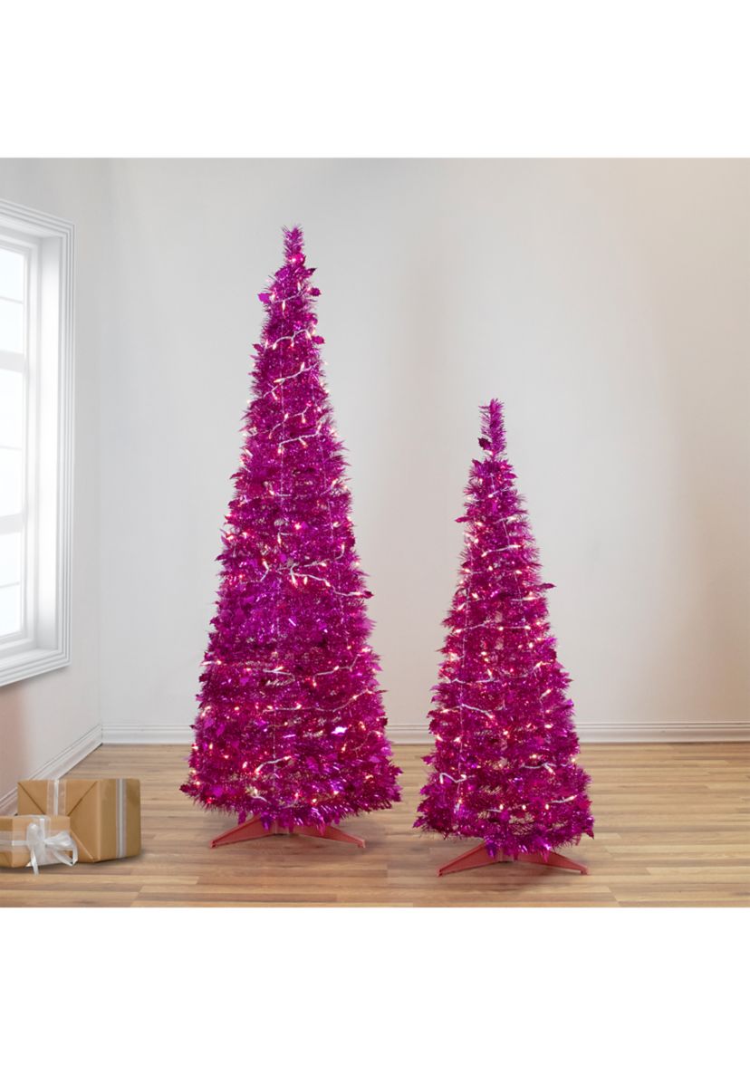 6 Pre-Lit Pink Tinsel Pop-Up Artificial Christmas Tree  Clear Lights