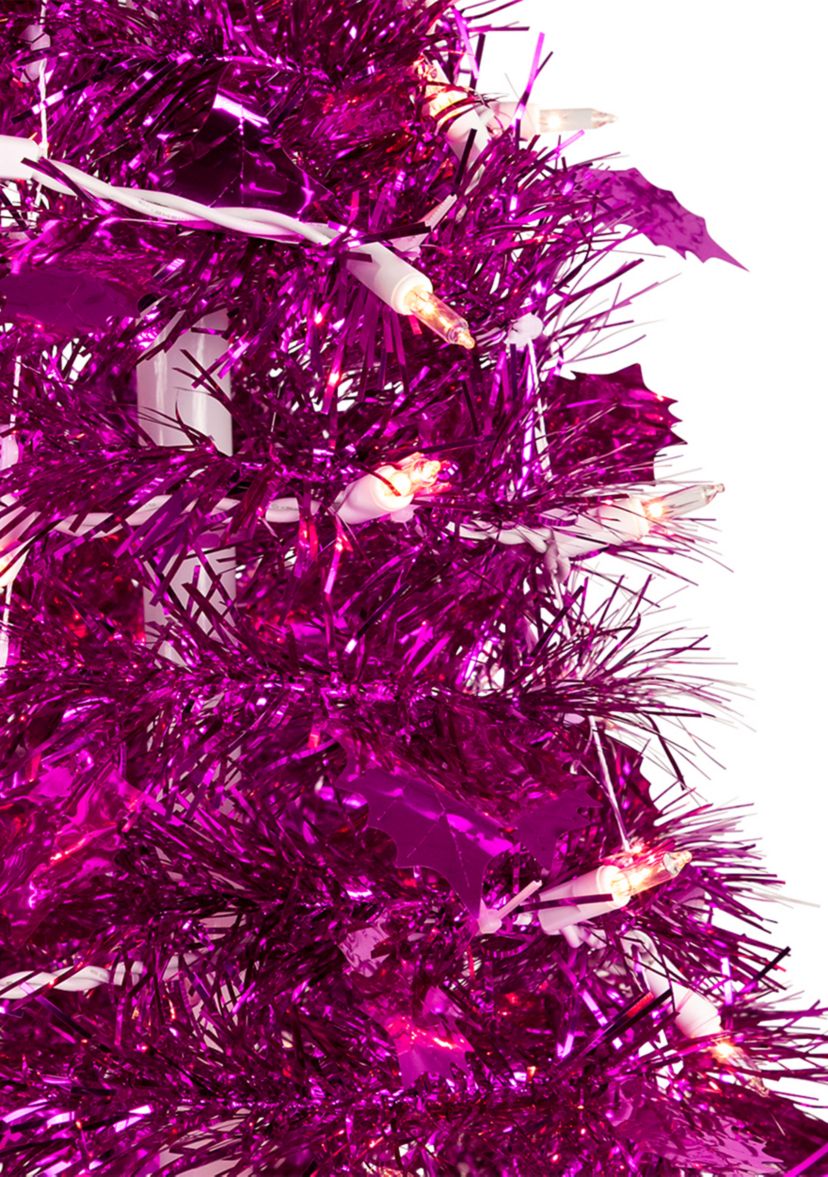 6 Pre-Lit Pink Tinsel Pop-Up Artificial Christmas Tree  Clear Lights
