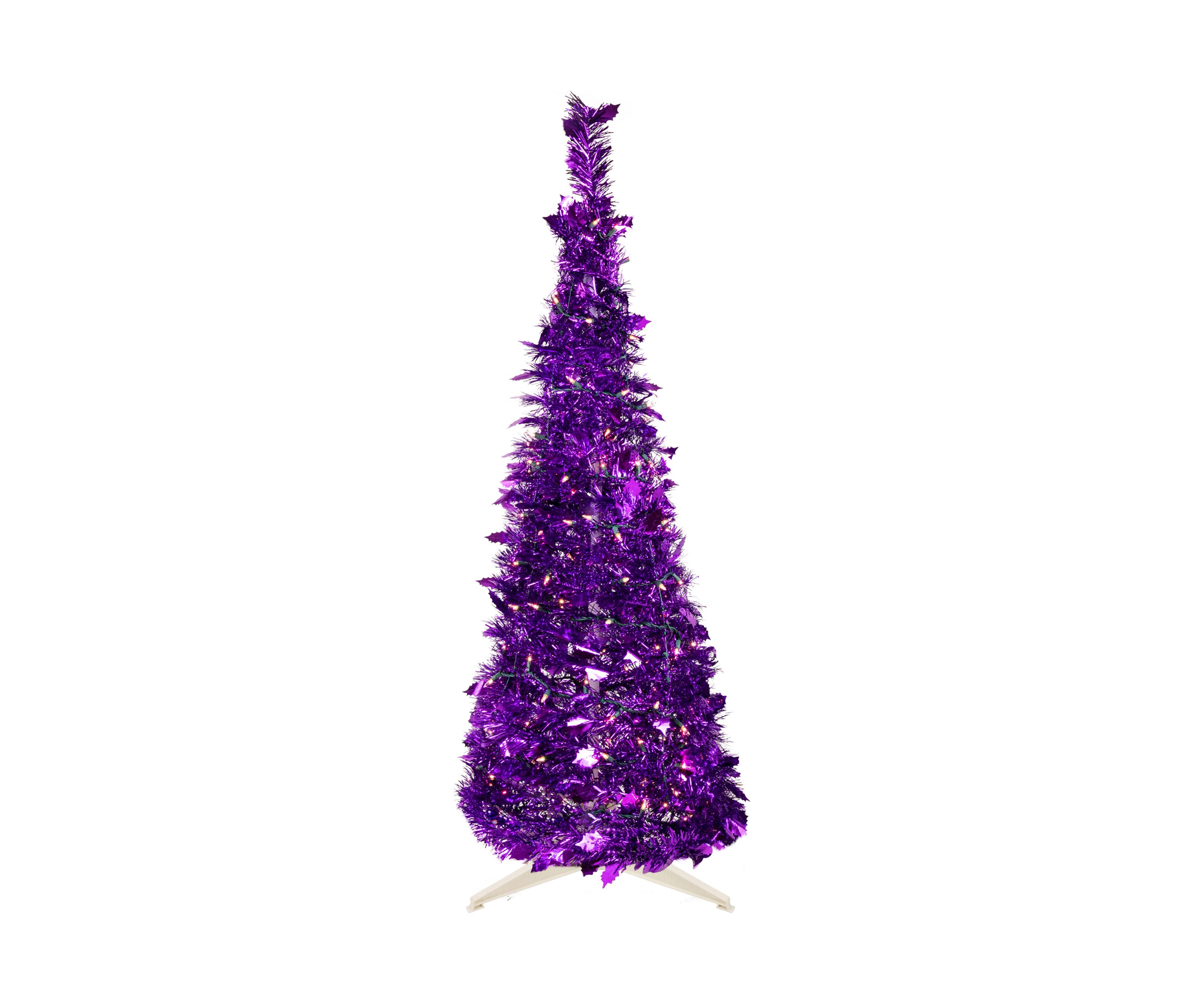 6 Pre-Lit Purple Tinsel Pop-Up Artificial Christmas Tree  Clear Lights