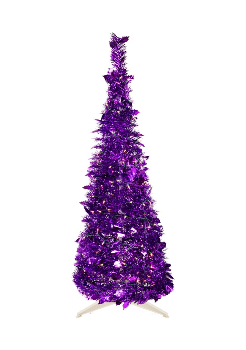 6 Pre-Lit Purple Tinsel Pop-Up Artificial Christmas Tree  Clear Lights