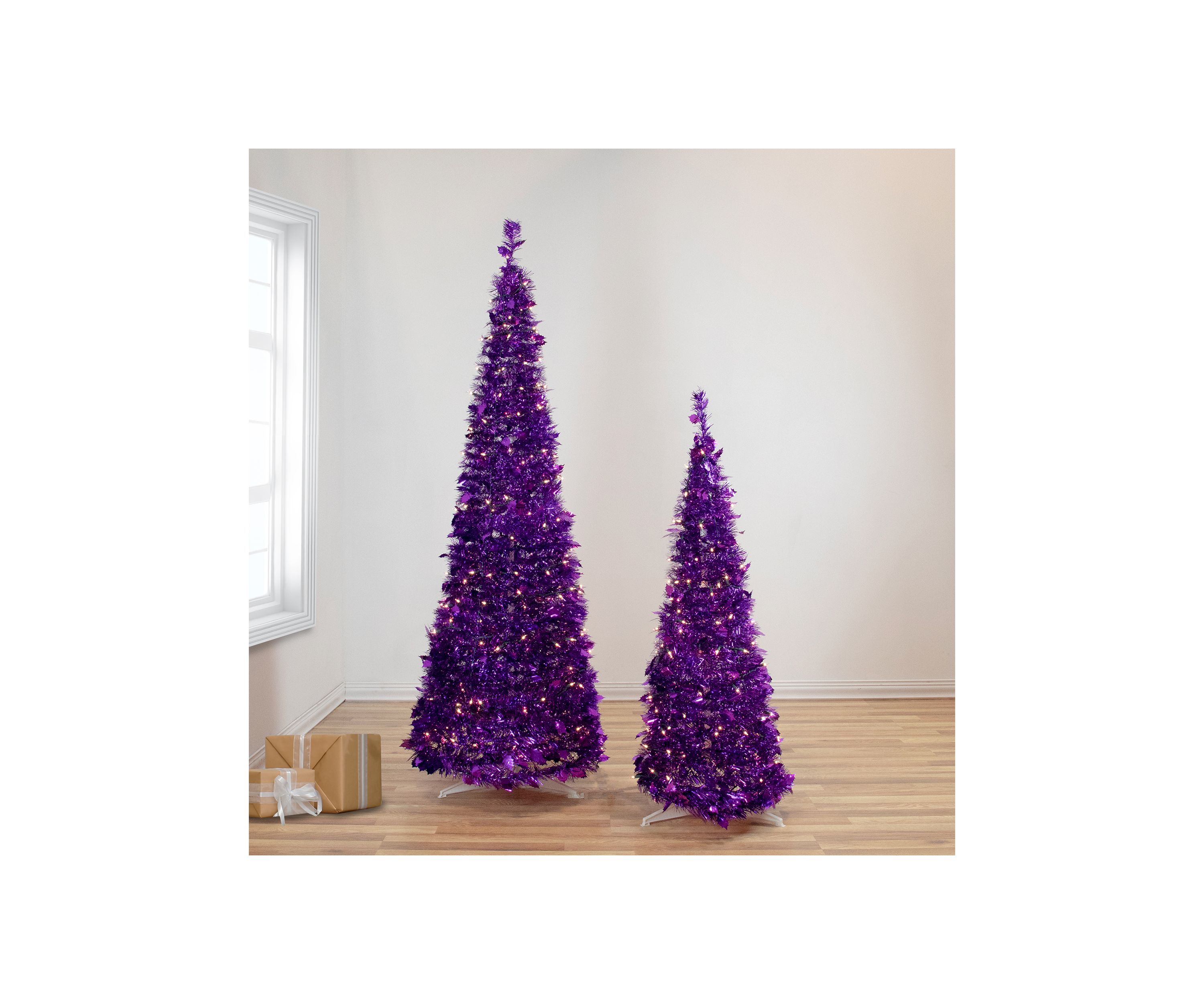 6 Pre-Lit Purple Tinsel Pop-Up Artificial Christmas Tree  Clear Lights