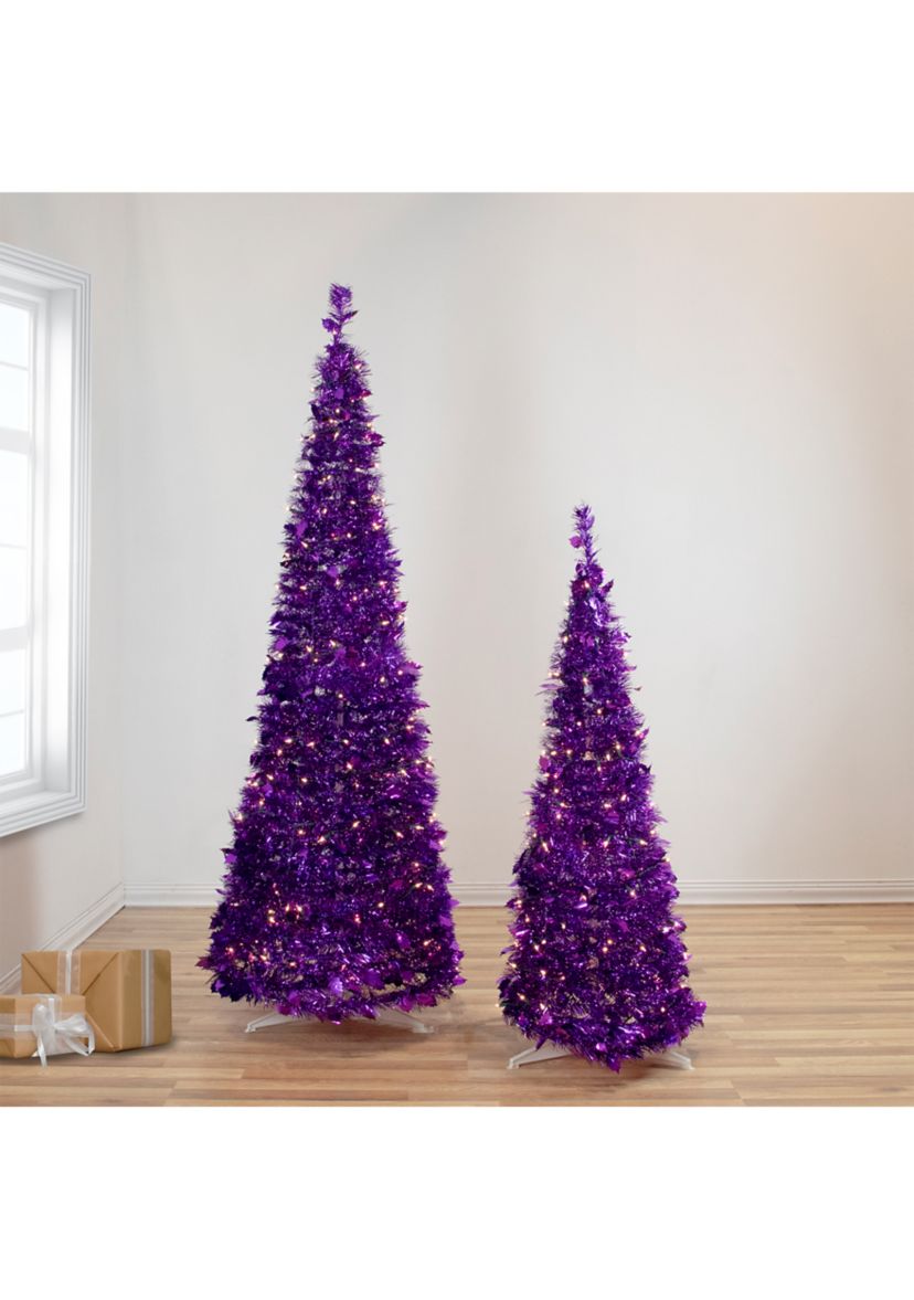6 Pre-Lit Purple Tinsel Pop-Up Artificial Christmas Tree  Clear Lights