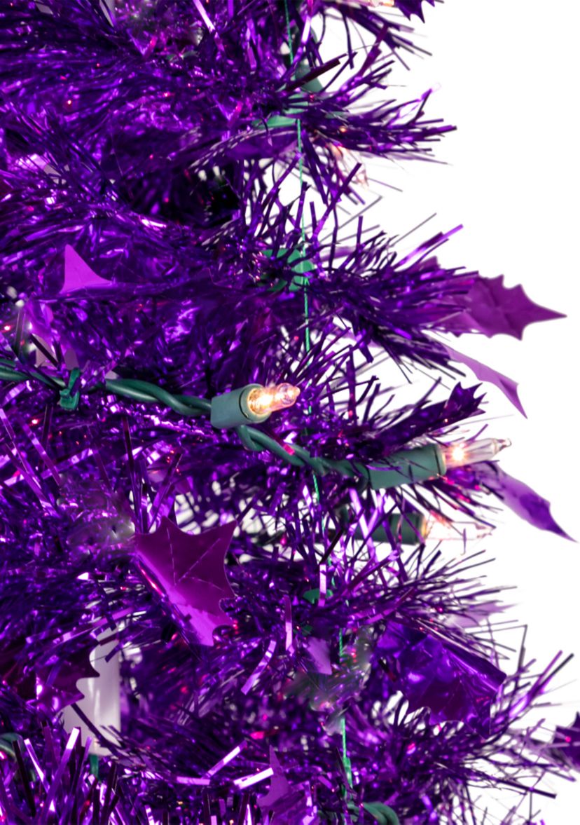 6 Pre-Lit Purple Tinsel Pop-Up Artificial Christmas Tree  Clear Lights