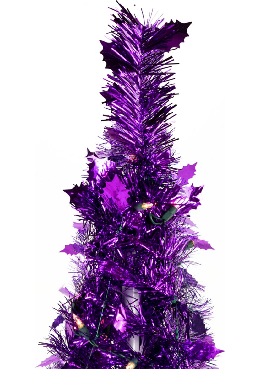 6 Pre-Lit Purple Tinsel Pop-Up Artificial Christmas Tree  Clear Lights