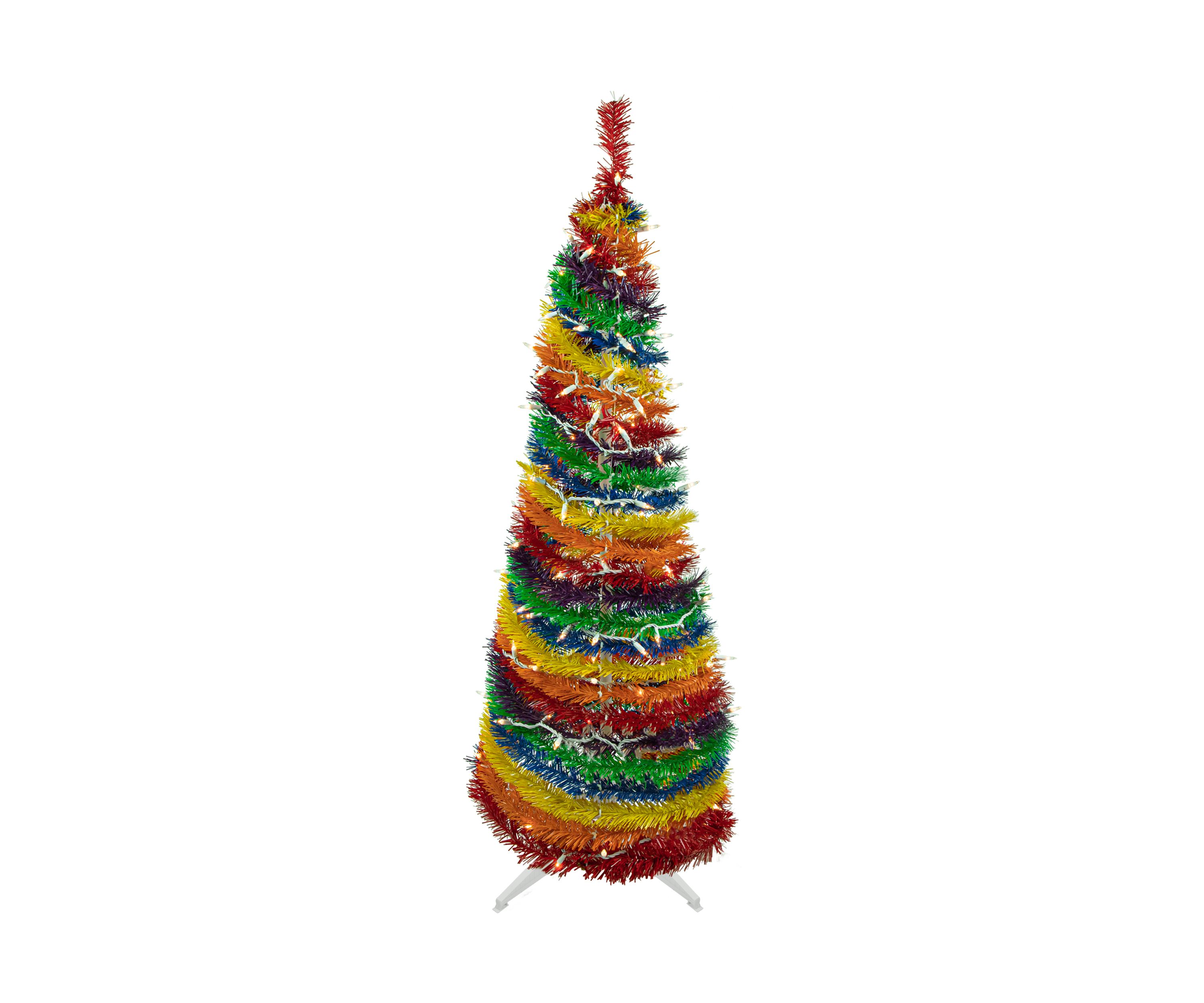 4 Pre-Lit Rainbow Tinsel Pop-Up Artificial Christmas Tree  Clear Lights
