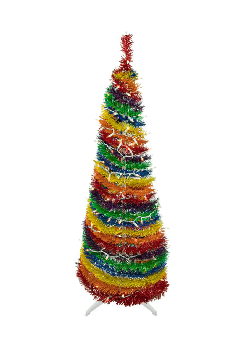 4 Pre-Lit Rainbow Tinsel Pop-Up Artificial Christmas Tree  Clear Lights