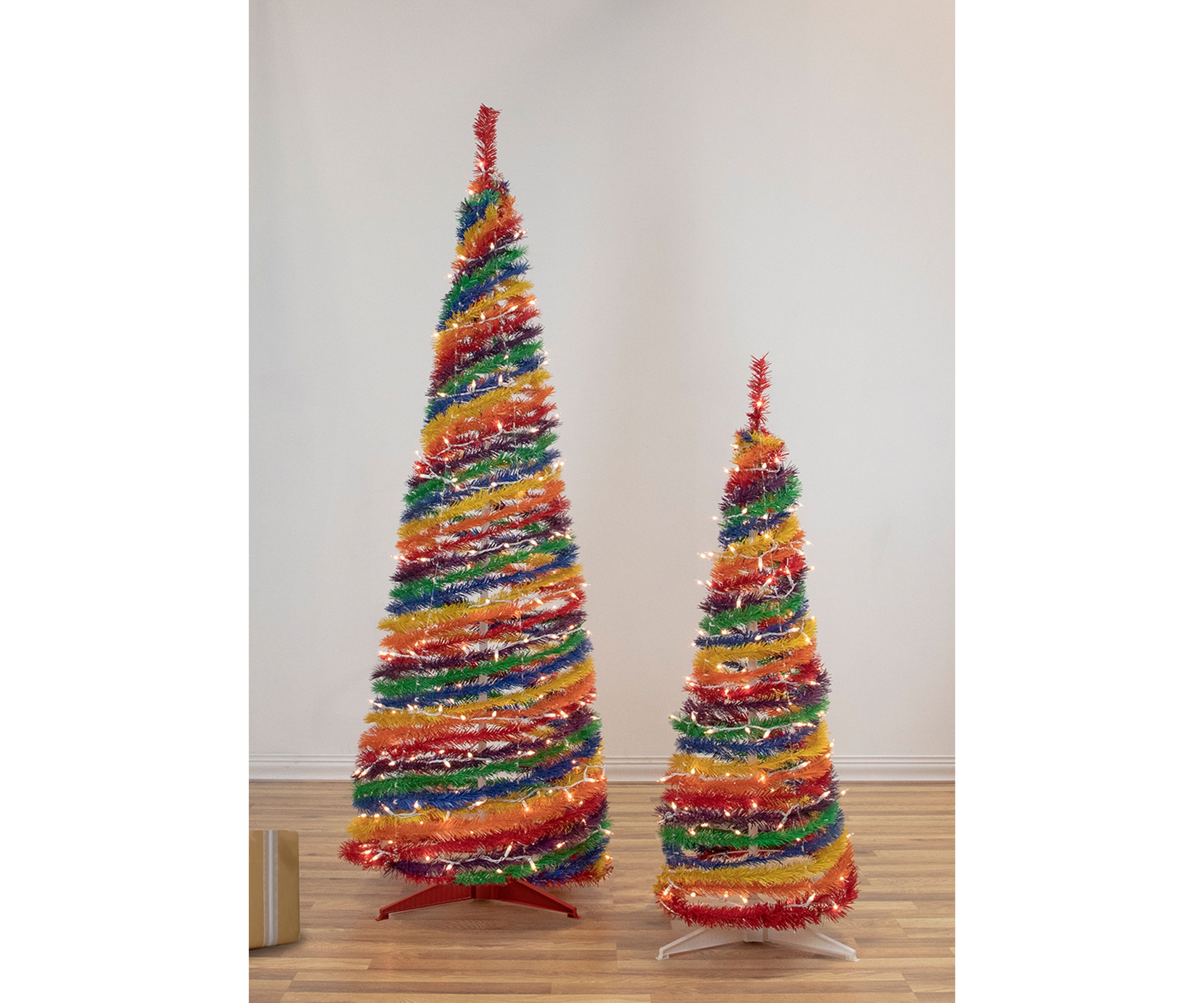 4 Pre-Lit Rainbow Tinsel Pop-Up Artificial Christmas Tree  Clear Lights