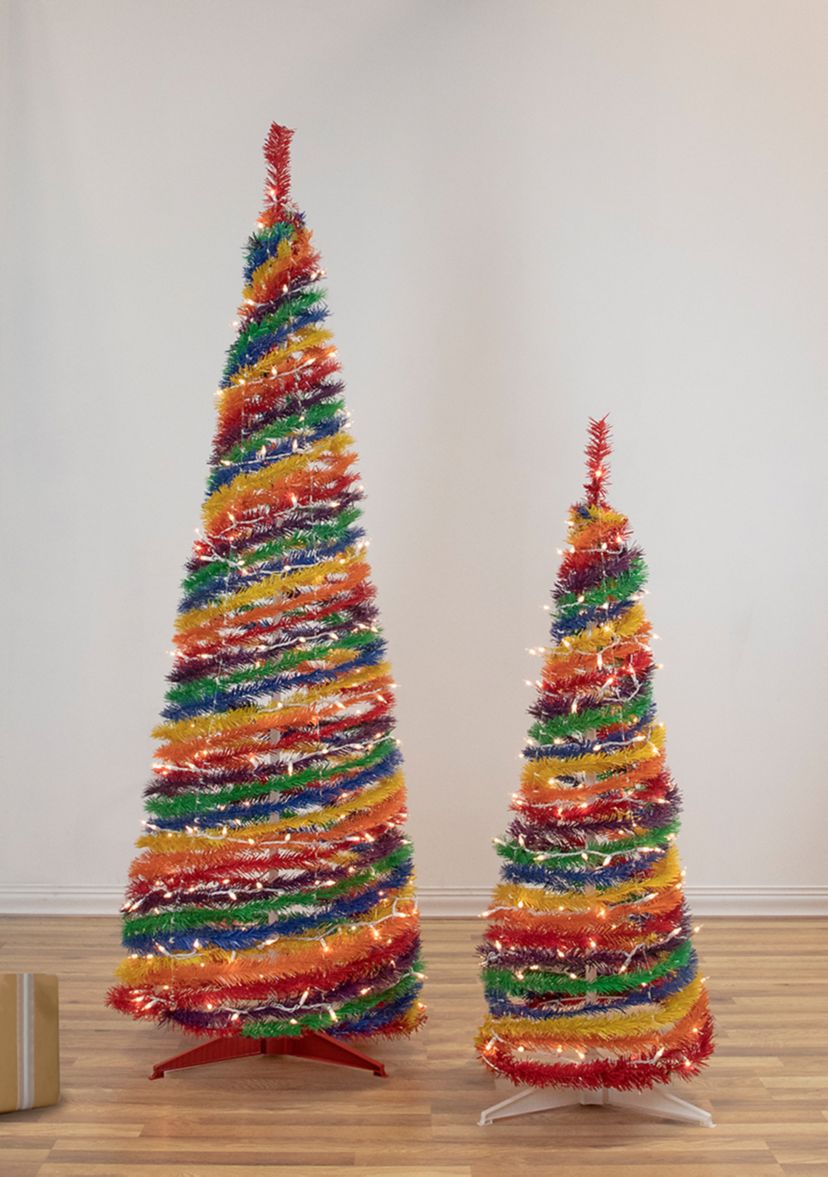 4 Pre-Lit Rainbow Tinsel Pop-Up Artificial Christmas Tree  Clear Lights