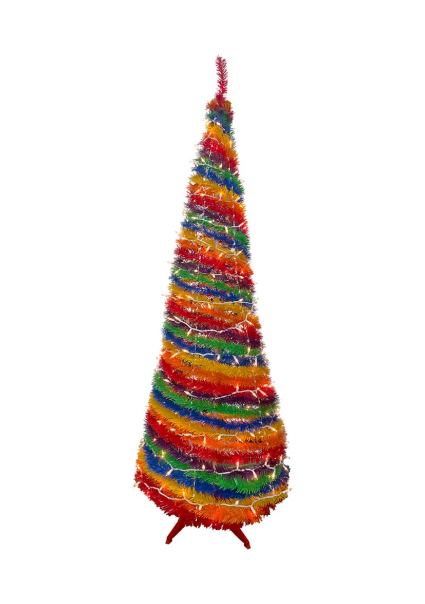 6 Pre-Lit Rainbow Tinsel Pop-Up Artificial Christmas Tree  Clear Lights