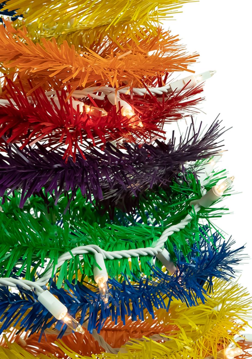 6 Pre-Lit Rainbow Tinsel Pop-Up Artificial Christmas Tree  Clear Lights