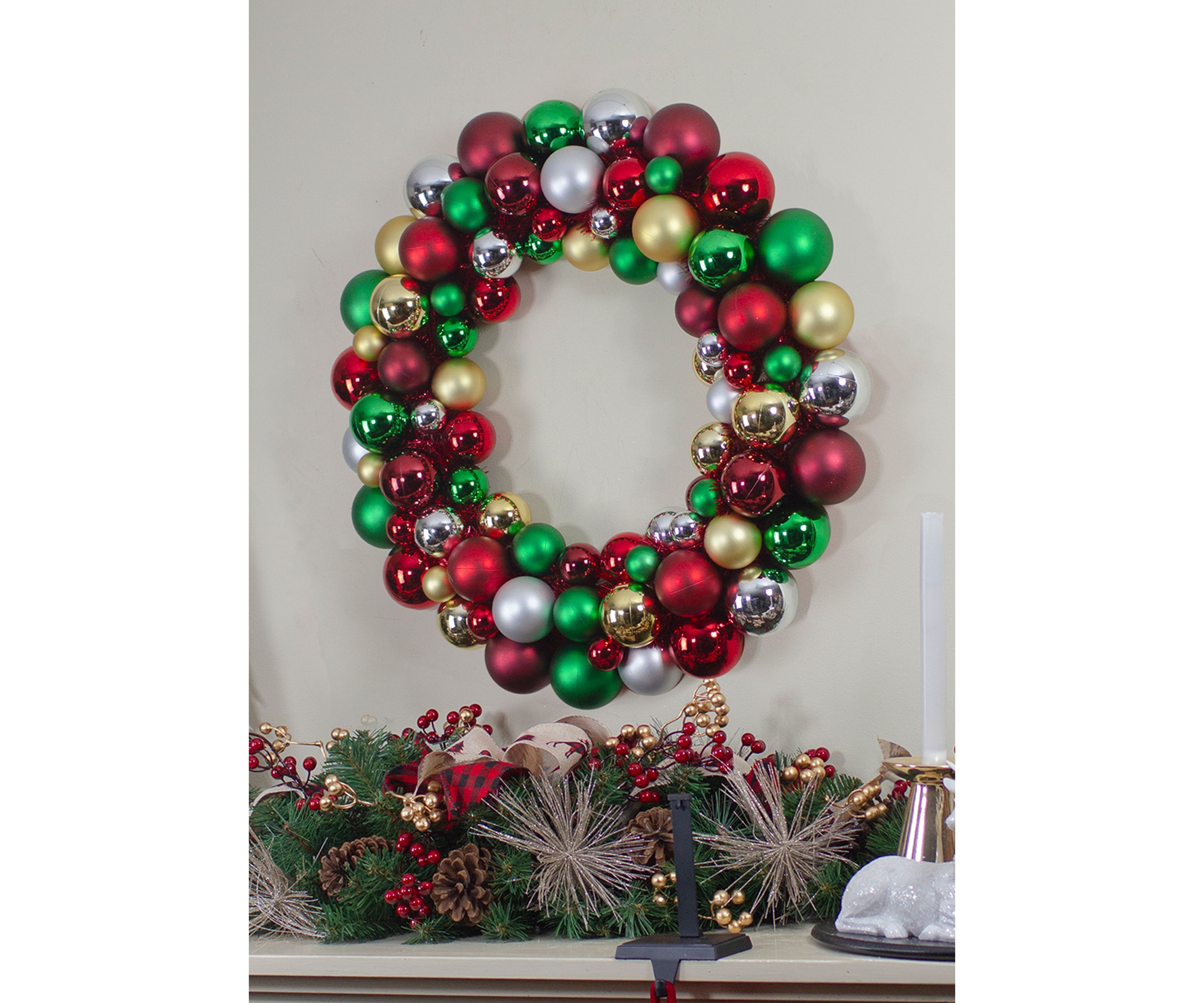 Traditional Colored 2-Finish Shatterproof Ball Christmas Wreath  36-Inch  Unlit