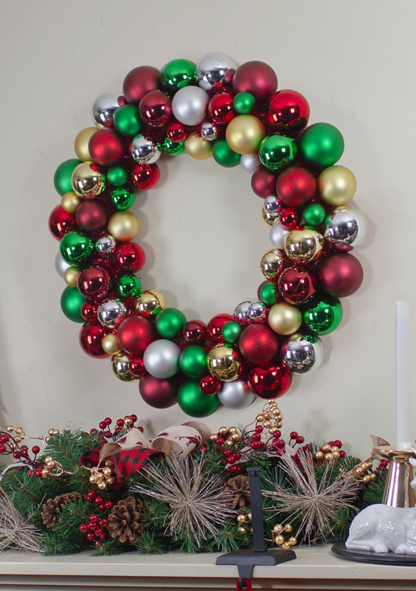 Traditional Colored 2-Finish Shatterproof Ball Christmas Wreath  36-Inch  Unlit