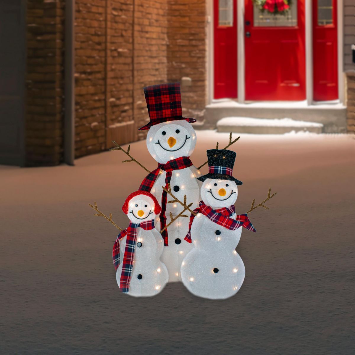Lighted Tinsel Snowmen Family Christmas Outdoor Decorations - Clear Lights - Set of 3