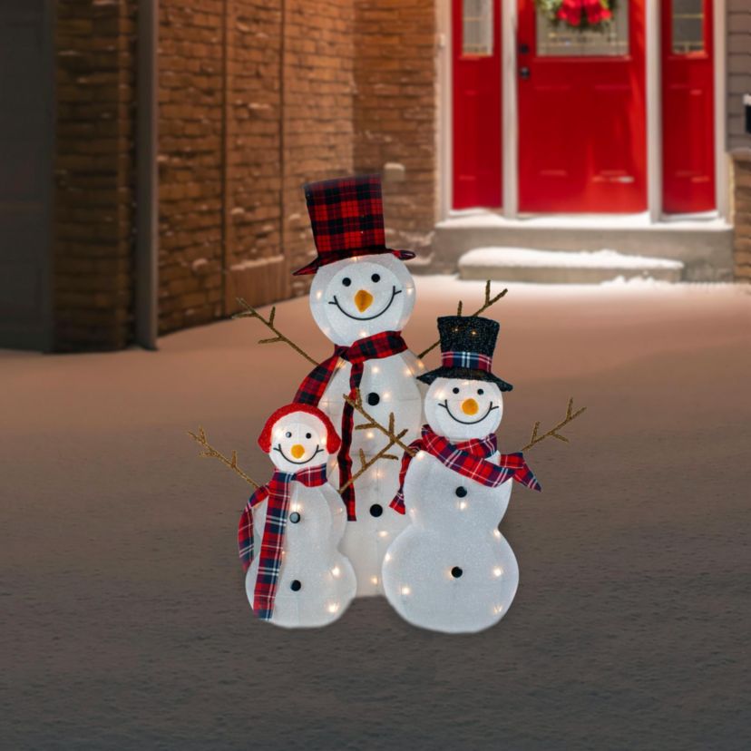 Lighted Tinsel Snowmen Family Christmas Outdoor Decorations - Clear Lights - Set of 3