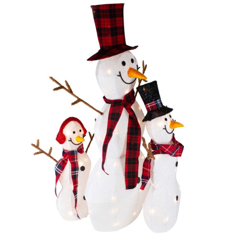 Lighted Tinsel Snowmen Family Christmas Outdoor Decorations - Clear Lights - Set of 3
