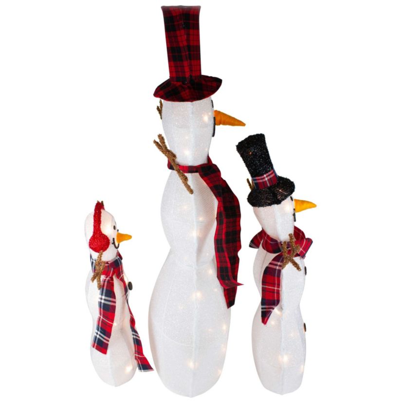Lighted Tinsel Snowmen Family Christmas Outdoor Decorations - Clear Lights - Set of 3