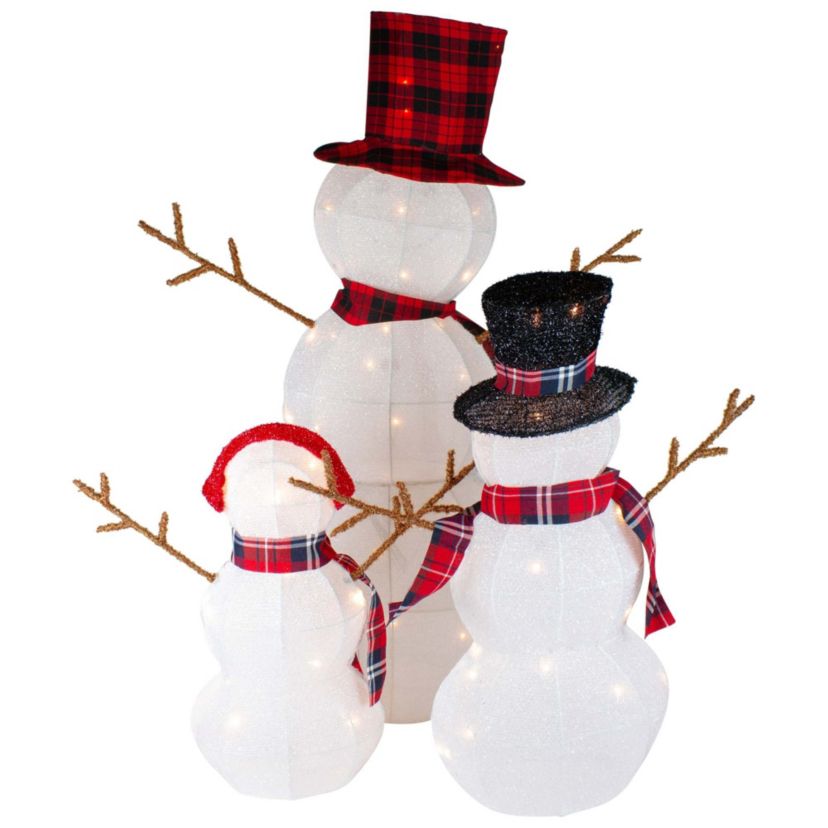 Lighted Tinsel Snowmen Family Christmas Outdoor Decorations - Clear Lights - Set of 3
