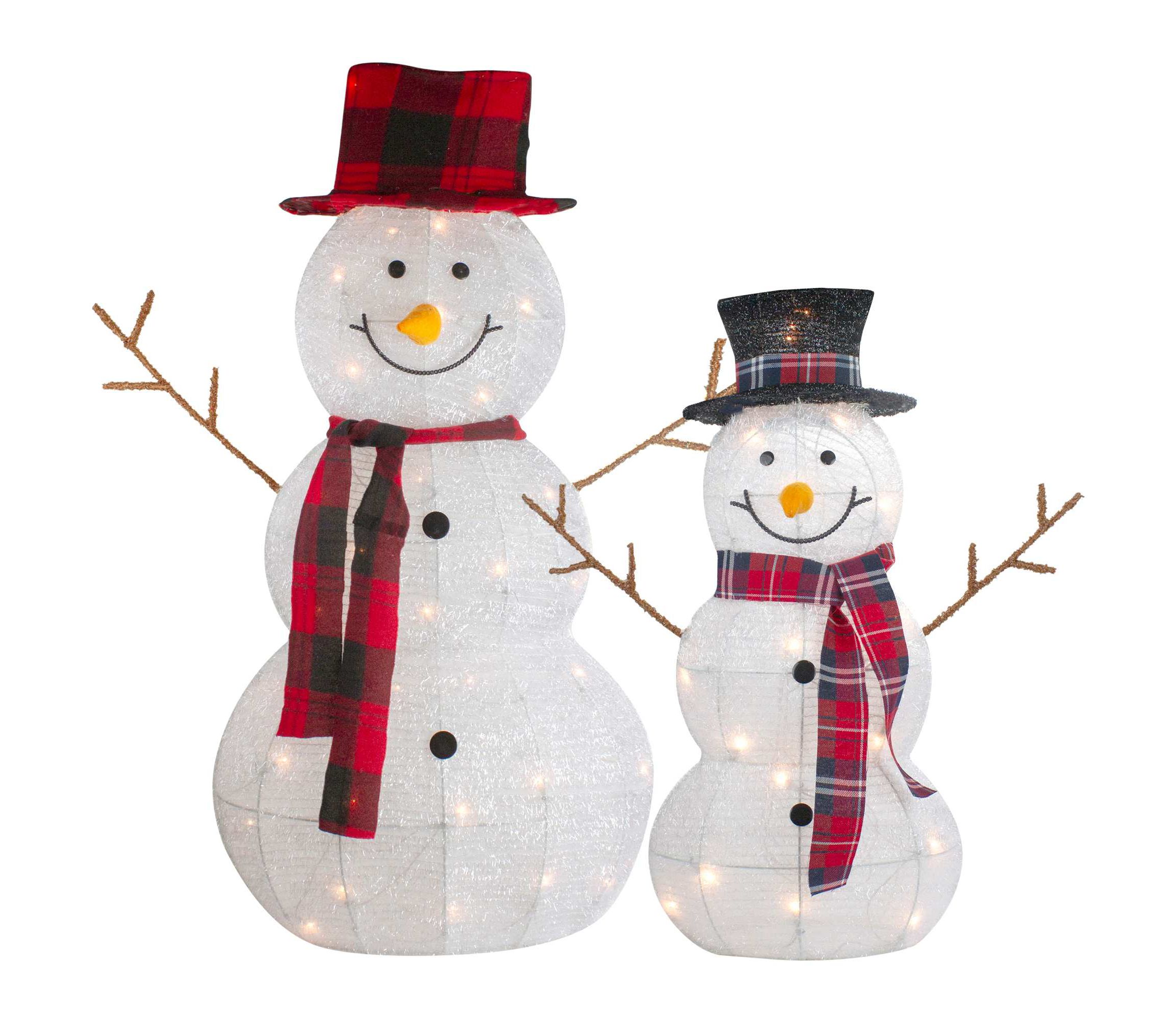 Lighted Tinsel Snowmen Family Christmas Yard Decorations - Clear Lights - Set of 2