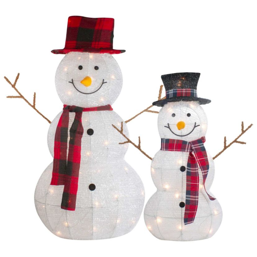Lighted Tinsel Snowmen Family Christmas Yard Decorations - Clear Lights - Set of 2