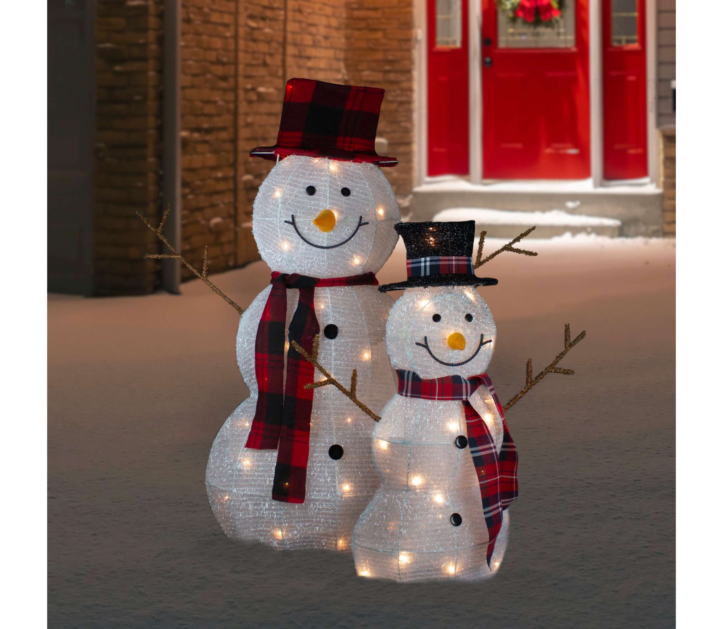 Lighted Tinsel Snowmen Family Christmas Yard Decorations - Clear Lights - Set of 2