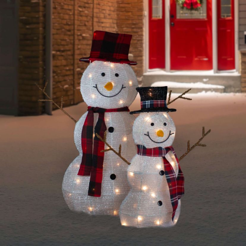 Lighted Tinsel Snowmen Family Christmas Yard Decorations - Clear Lights - Set of 2