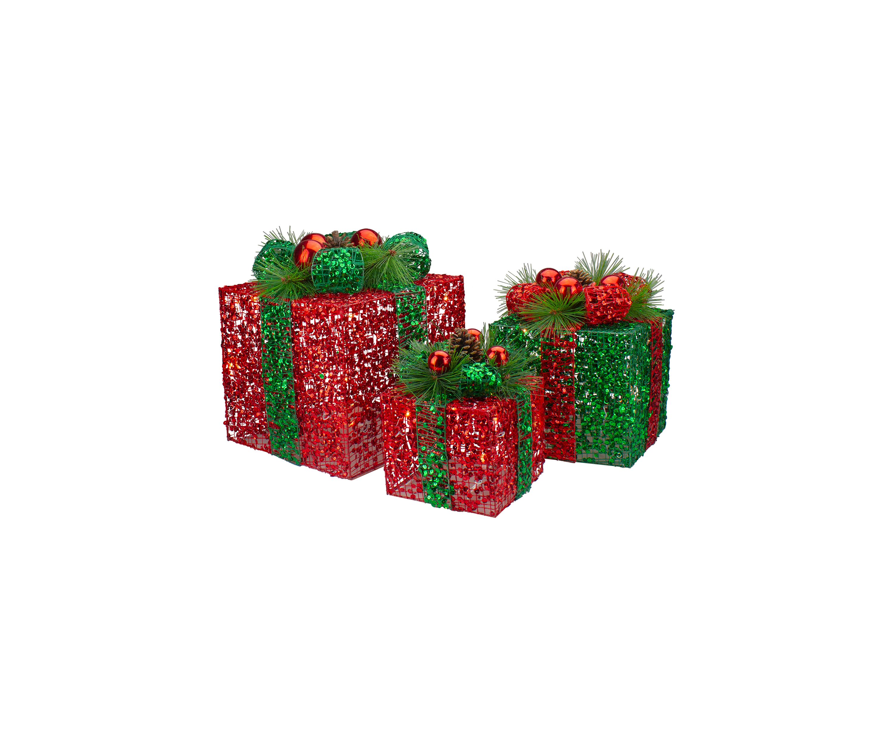 Set of 3 LED Lighted Red and Green Glitter Threaded Gift Boxes Outdoor Christmas Decoration