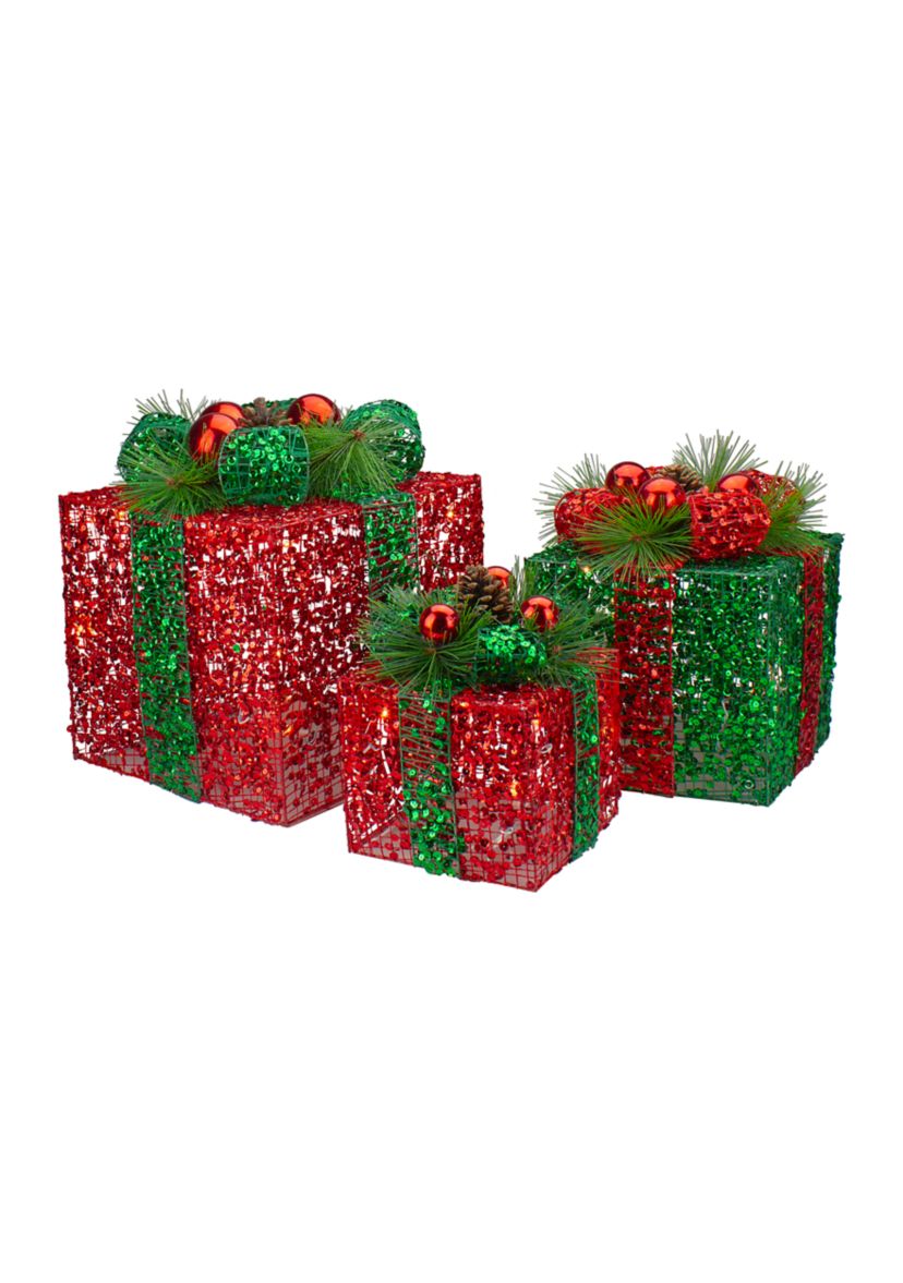 Set of 3 LED Lighted Red and Green Glitter Threaded Gift Boxes Outdoor Christmas Decoration