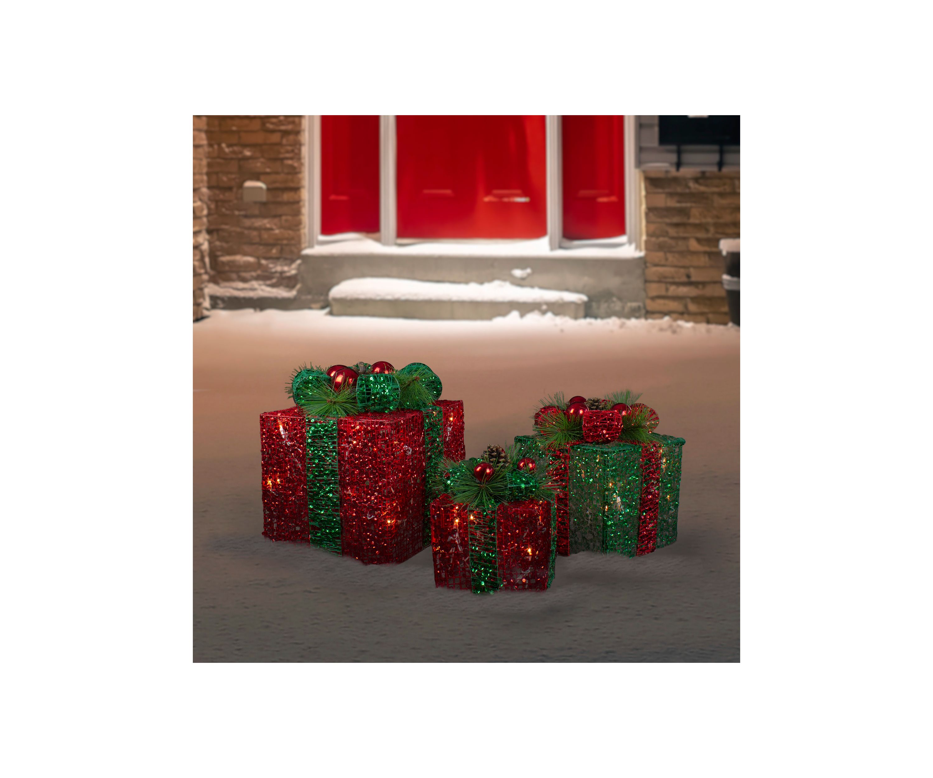 Set of 3 LED Lighted Red and Green Glitter Threaded Gift Boxes Outdoor Christmas Decoration