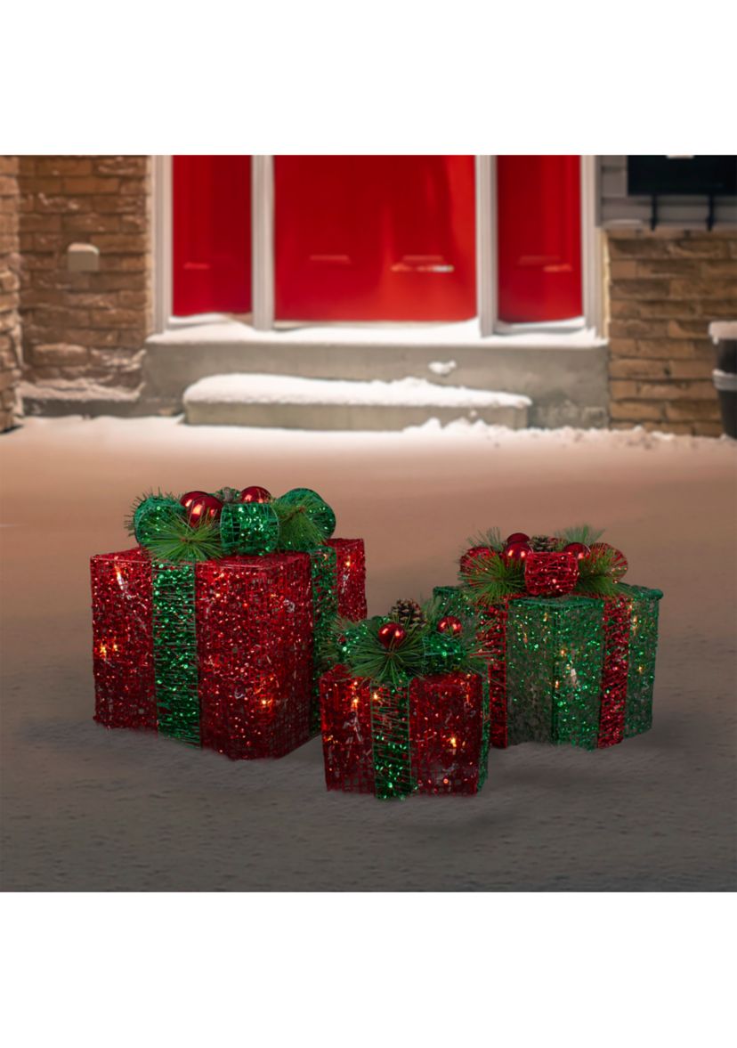 Set of 3 LED Lighted Red and Green Glitter Threaded Gift Boxes Outdoor Christmas Decoration