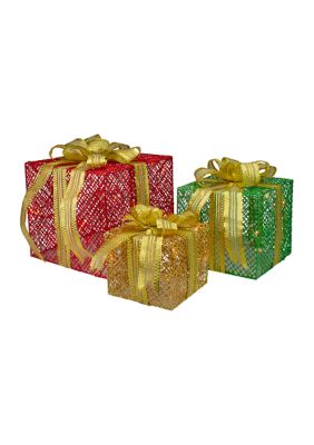 Northlight Set of 3 LED Lighted Red Green and Gold Glitter Gift Boxes Outdoor Christmas Decoration -  760182134859993