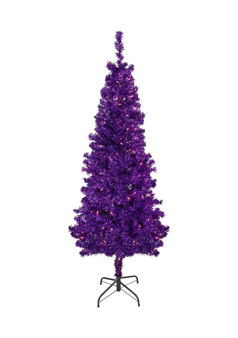 6 Pre-Lit Purple Artificial Tinsel Christmas Tree  Clear Lights