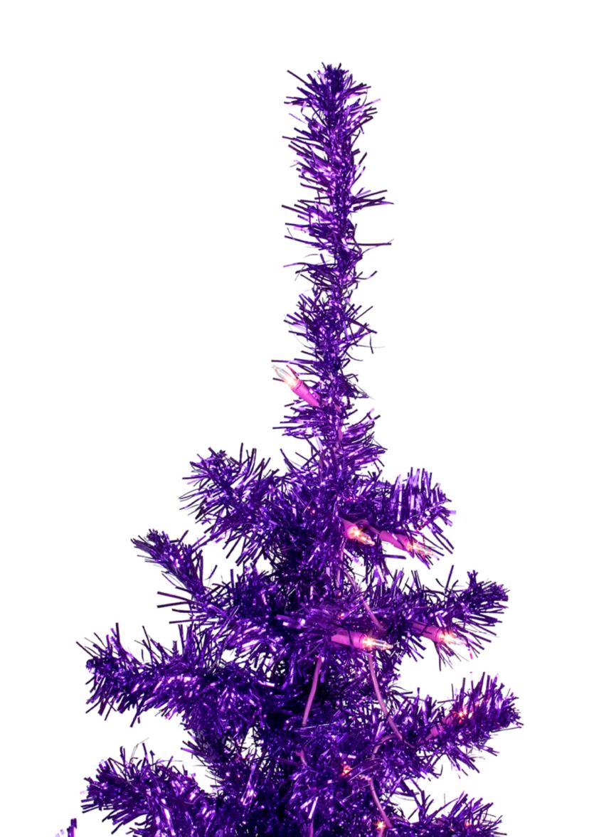 6 Pre-Lit Purple Artificial Tinsel Christmas Tree  Clear Lights