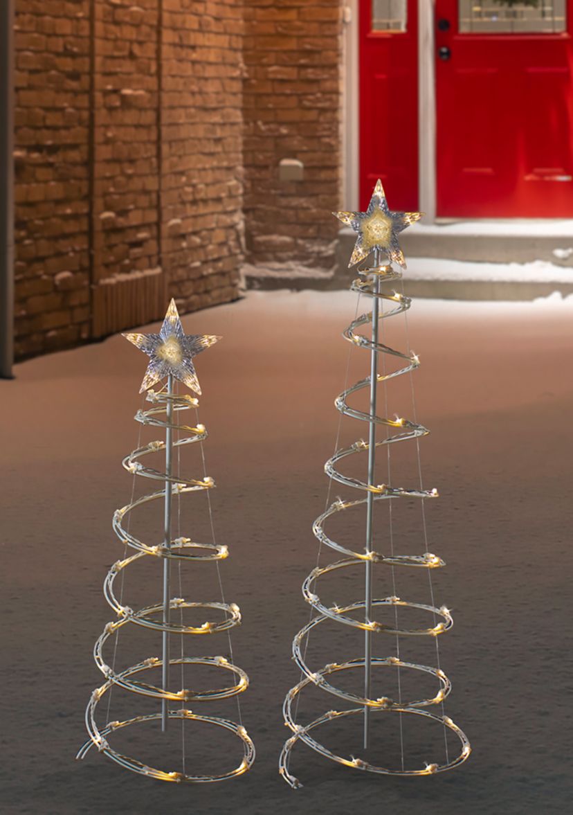 Set of 2 LED Lighted Warm White Outdoor Spiral Christmas Cone Trees 3  4