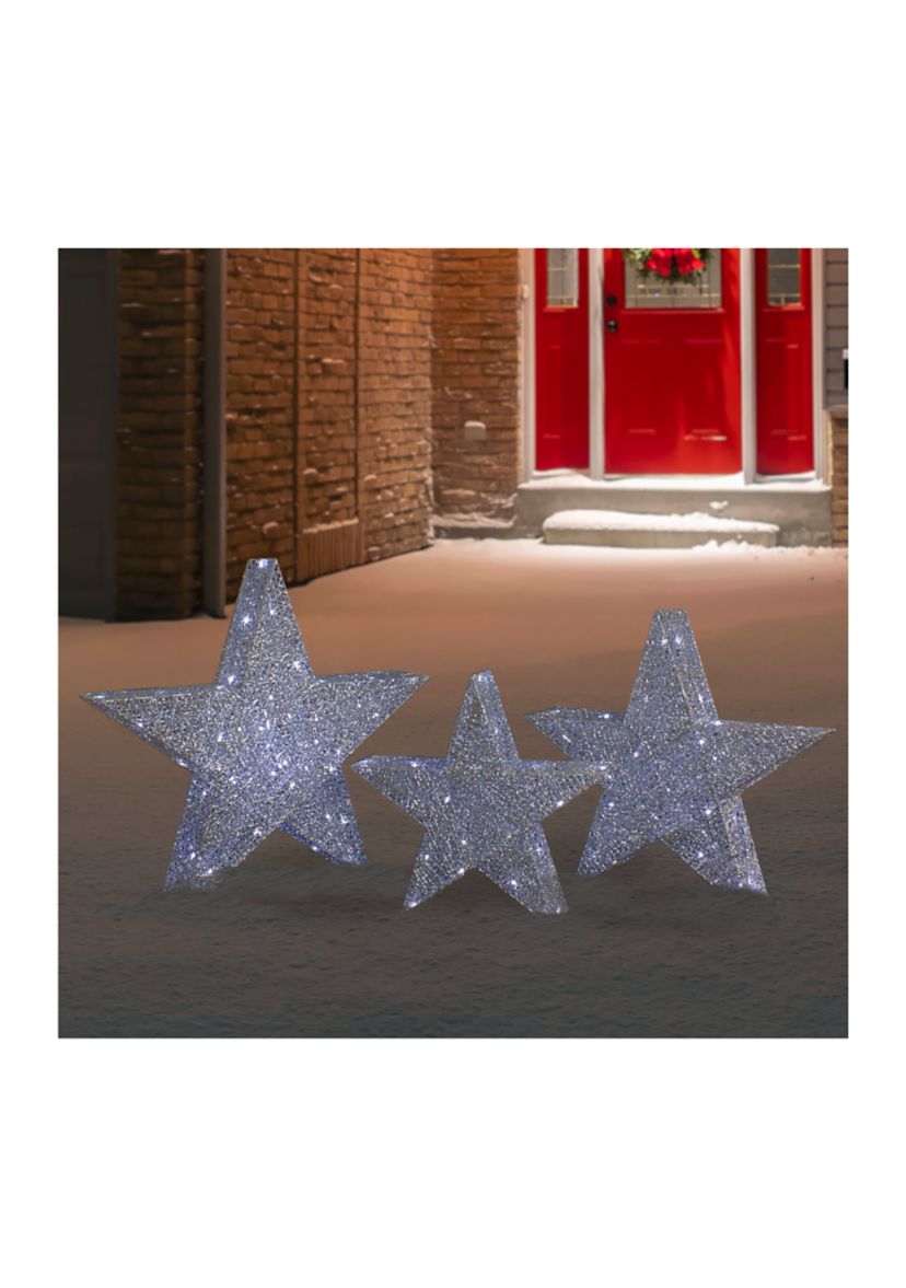Set of 3 LED Lighted Silver Stars Outdoor Christmas Decorations 24Inch
