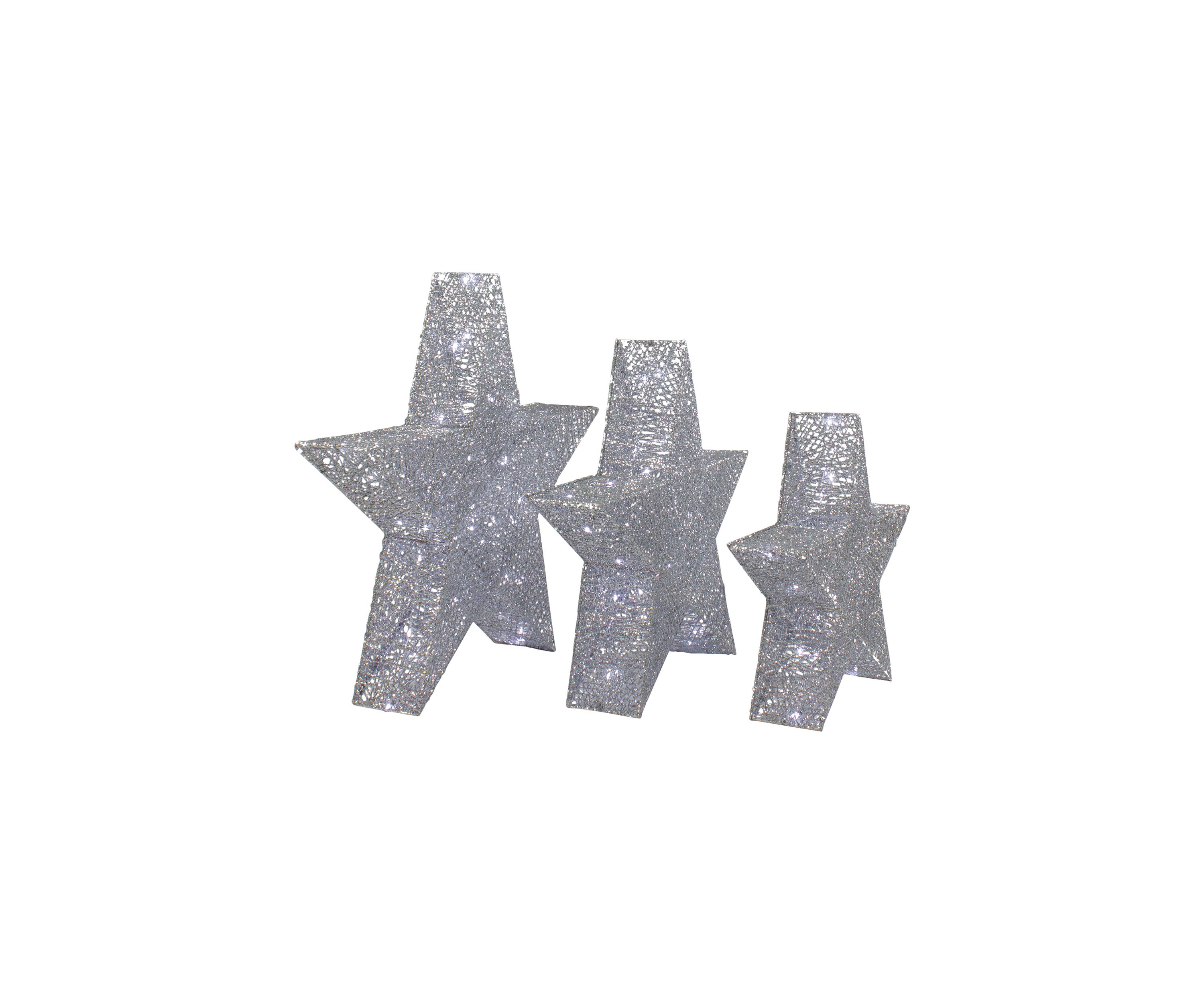 Set of 3 LED Lighted Silver Stars Outdoor Christmas Decorations 24Inch