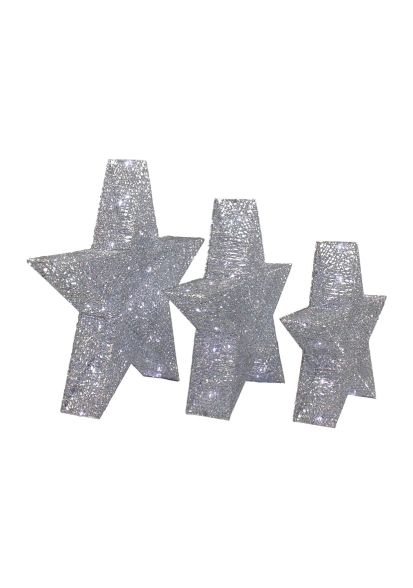 Set of 3 LED Lighted Silver Stars Outdoor Christmas Decorations 24Inch