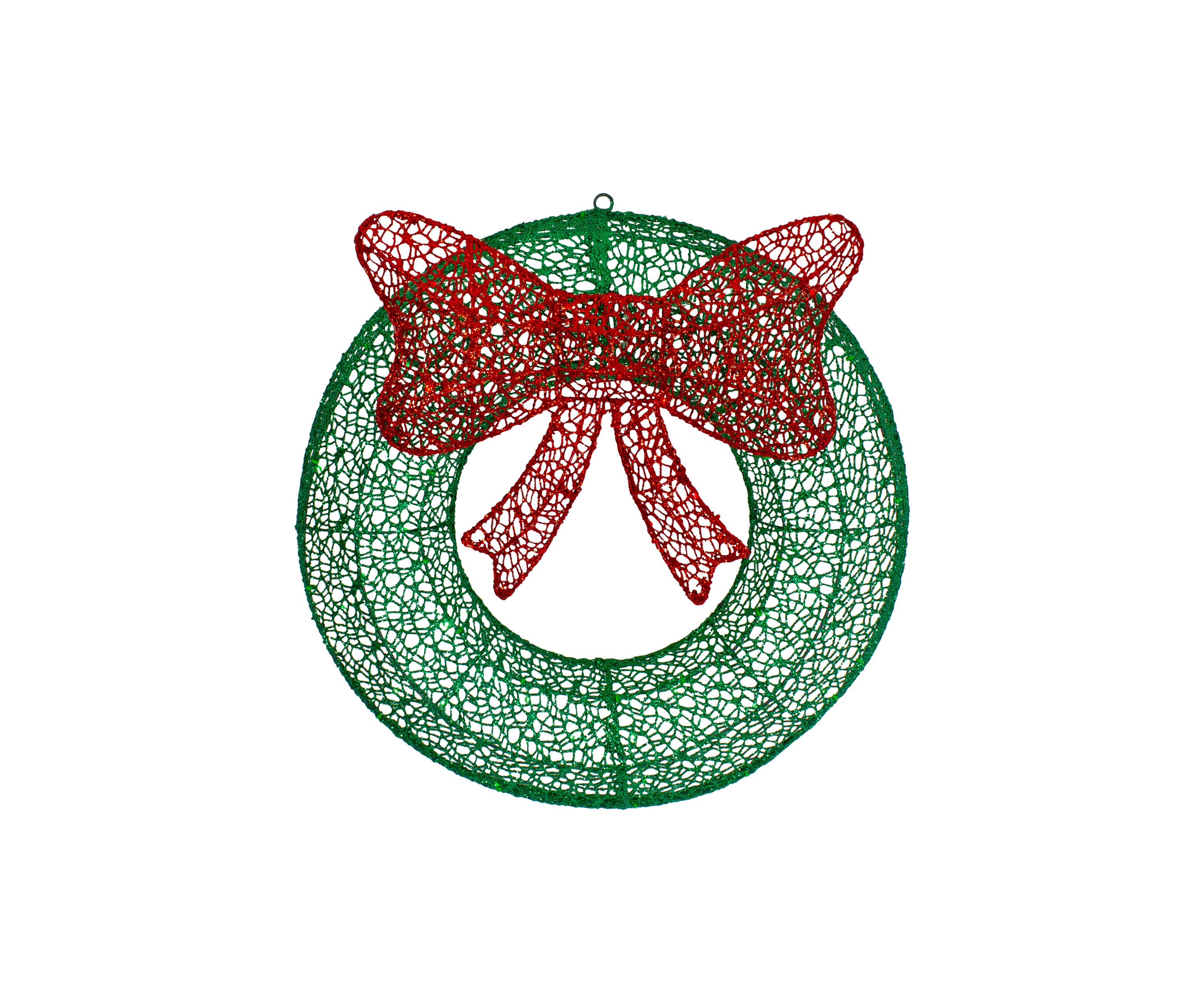 24Inch LED Lighted Green Glitter Wreath with Red Bow Outdoor Christmas Decoration