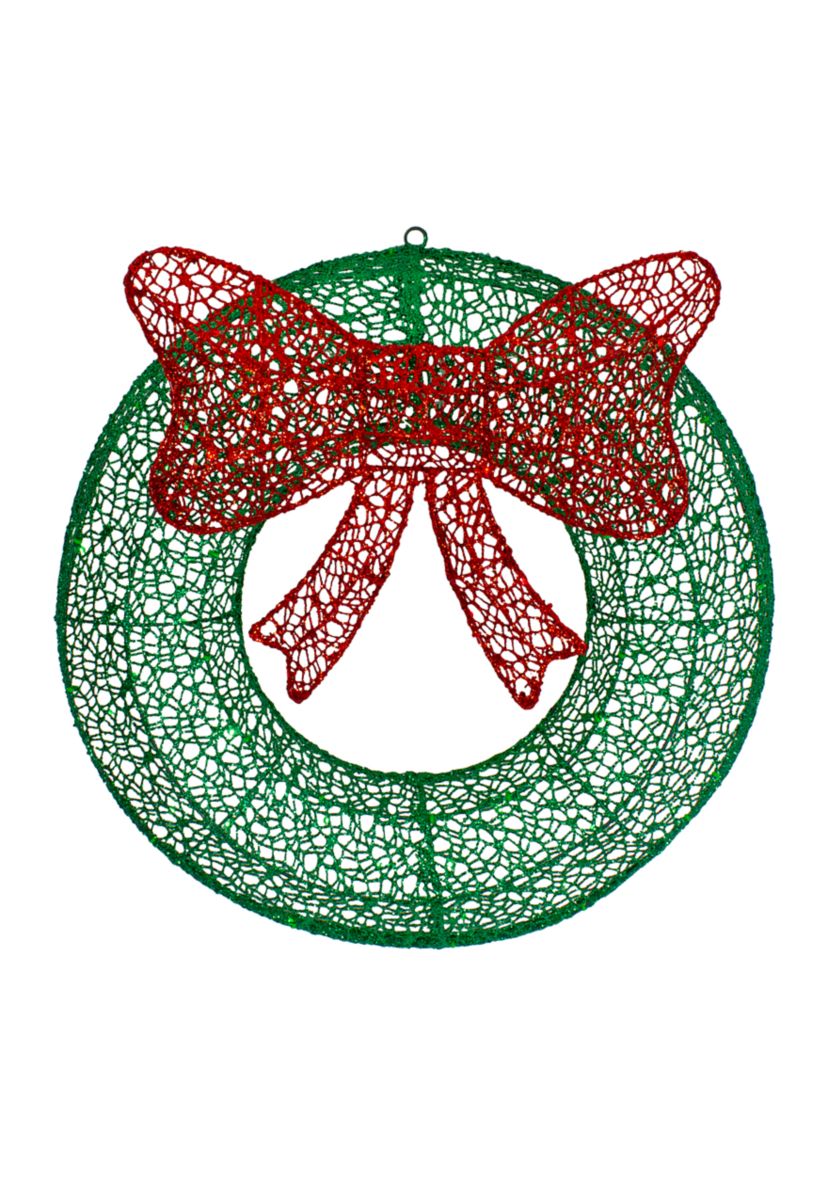 24Inch LED Lighted Green Glitter Wreath with Red Bow Outdoor Christmas Decoration