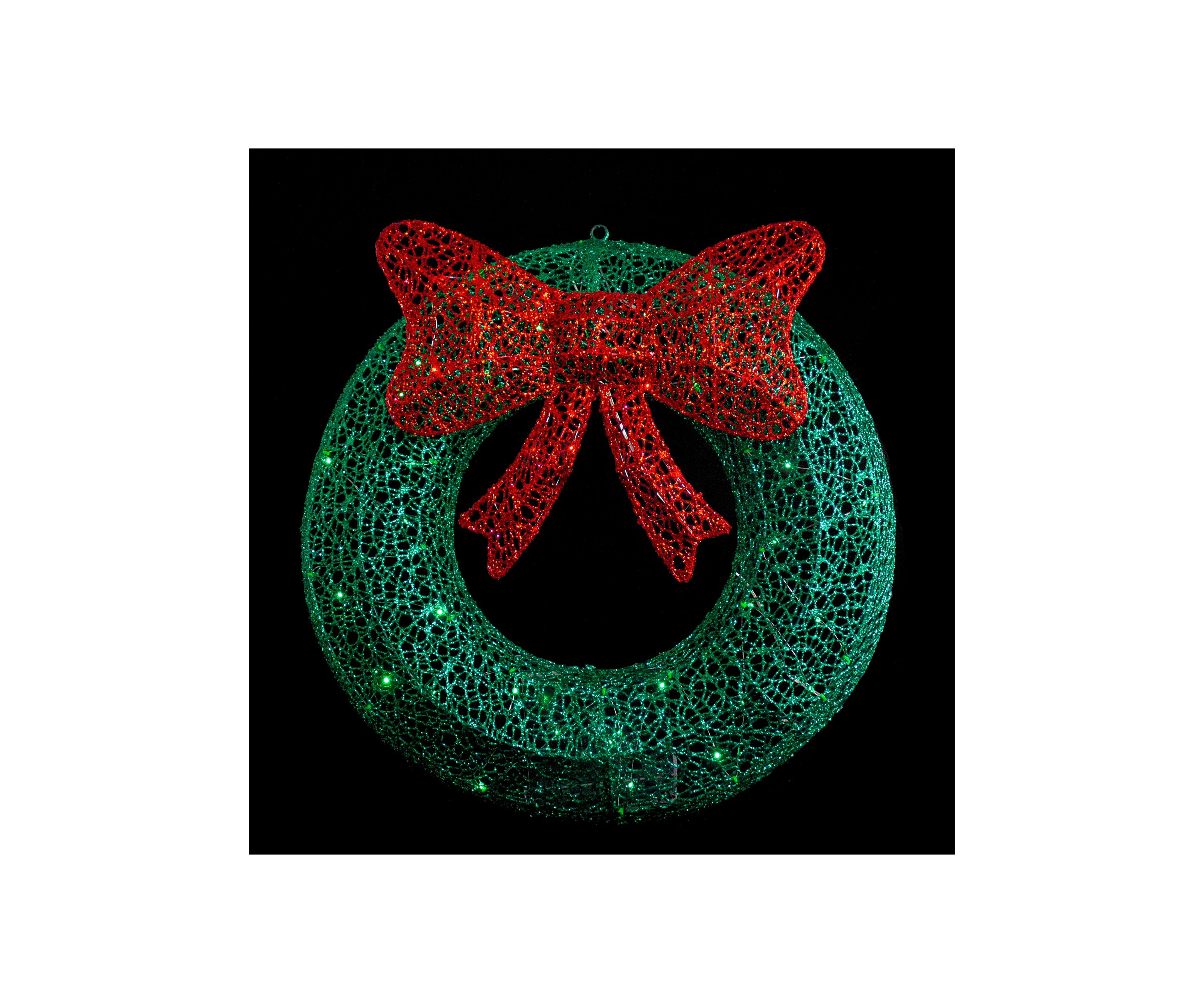 24Inch LED Lighted Green Glitter Wreath with Red Bow Outdoor Christmas Decoration