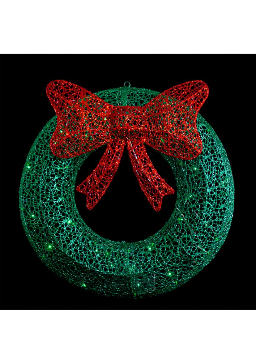 24Inch LED Lighted Green Glitter Wreath with Red Bow Outdoor Christmas Decoration